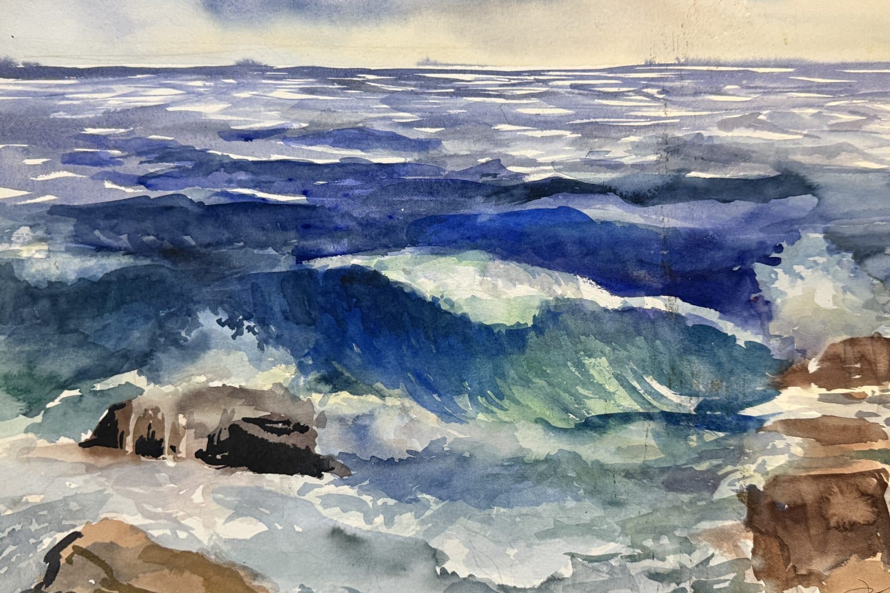 A watercolor of surf breaking over rock, painted on Star Island